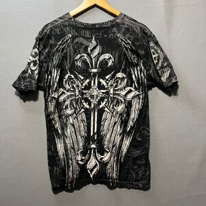 Raw State Premium Mens Small Black Y2K Gothic Cross Winged Graphic T-Shirt